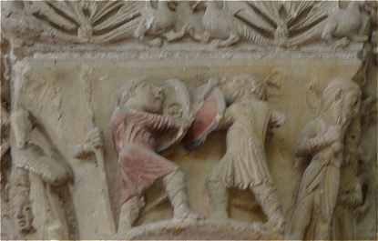 Sculpture d'un chapiteau de Notre-Dame de Cunault: les Lutteurs