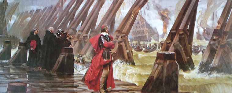 Tableau de Henri Motte montrant Richelieu sur la digue bloquant l'accès à La Rochelle