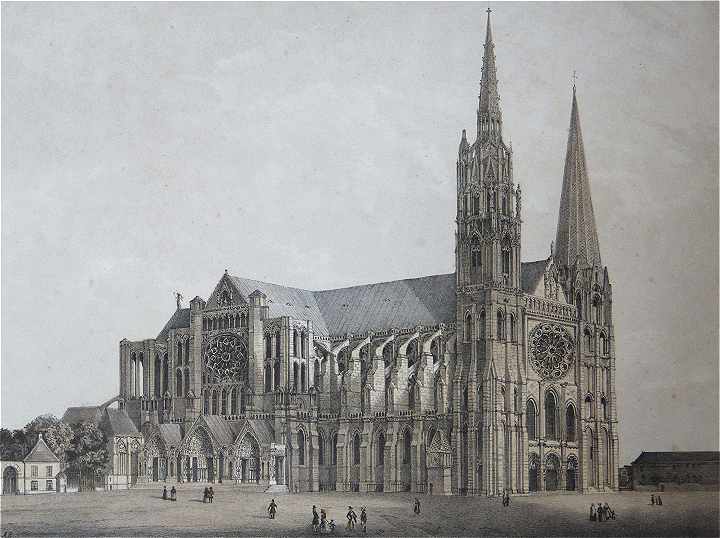 Lithographie du XIXème siècle présentant une vue d'ensemble de la Cathedrale de Chartres (côté Nord)