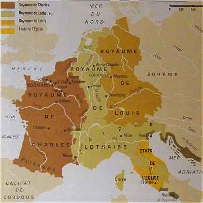 La division de l'Empire Carolingien au Traité de Verdun (843)