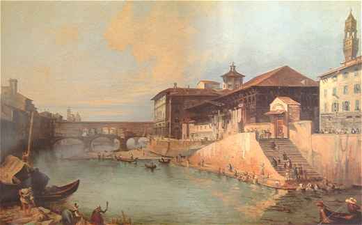 Florence: le Ponte Vecchio et l'Arno au XVIIIème siècle (Tableau de Moricci)