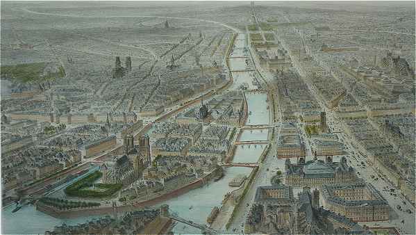Paris: Gravure donnant une vue d'ensemble de Paris en 1860
