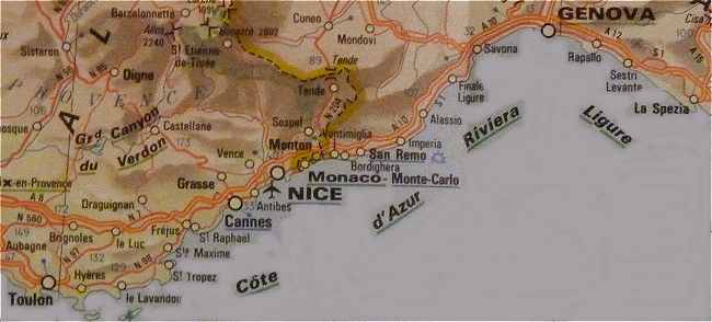 Carte de la Cote d'Azur et de la Riviera Italienne