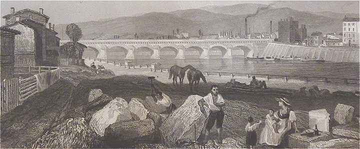La Loire à Roanne avec le Pont de Pierre ouvert en 1854: gravure du XIXème siècle