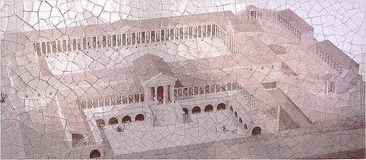 Reconstitution du Forum d'Arelate (Arles), au centre, au premier plan, un Temple