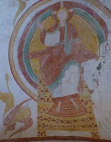 Fresque du Christ sur la voûte du choeur de l'église Saint Laurent à Palluau sur Indre