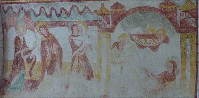 Fresques murales sur la vôute du choeur de l'église Saint Nicolas de Tavant: l'Annonciation, la Visitation, la Nativité avec une vue simplifiée de Jérusalem